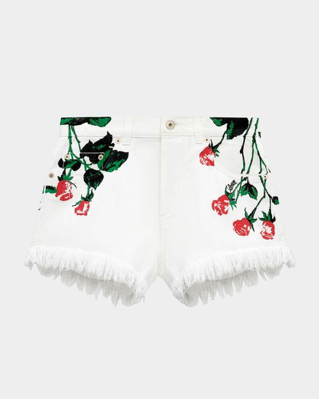 Flower-Print Fringed Peekaboo Denim Shorts